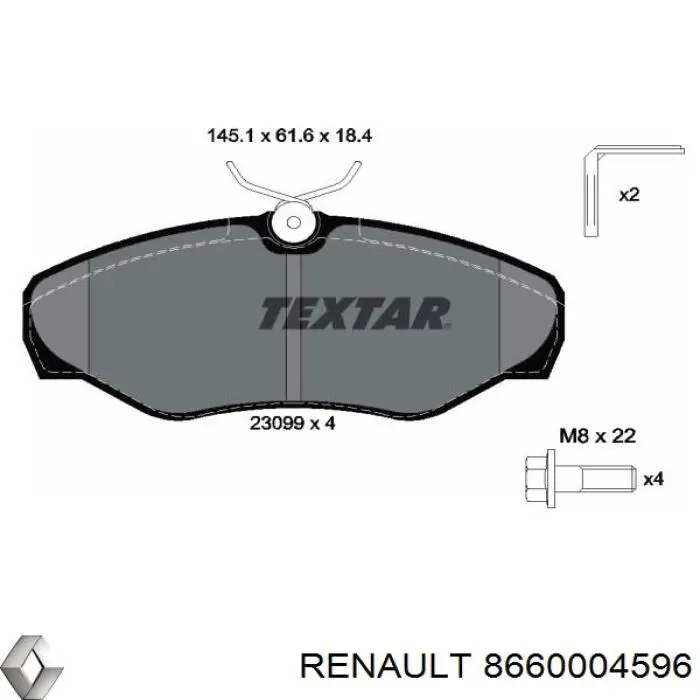 Колодки гальмівні передні, дискові 8660004596 Renault (RVI)