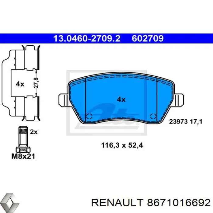 8671016692 Renault (RVI) колодки гальмівні передні, дискові