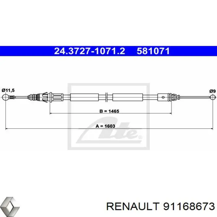 Трос стоянкового гальма задній правий Renault (RVI) 91168673 ціна, від 8.51 USD