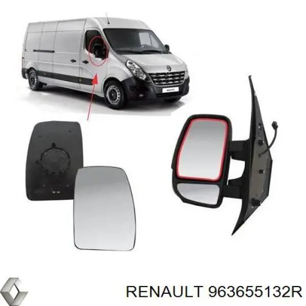 Дзеркальний елемент правого дзеркала заднього виду Renault (RVI) 963655132R ціна, від 16.20 USD