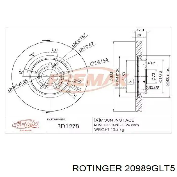 Гальмівні диски передні 20989GLT5 Rotinger