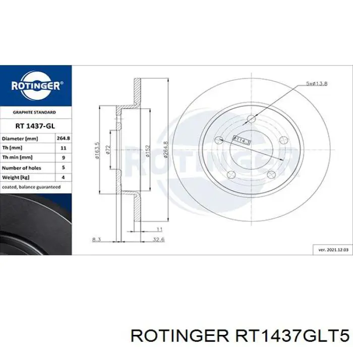 Диск гальмівний задній RT1437GLT5 Rotinger