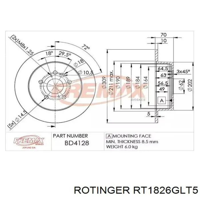 Купити RT1826GLT5 Rotinger Диск заднього гальма
