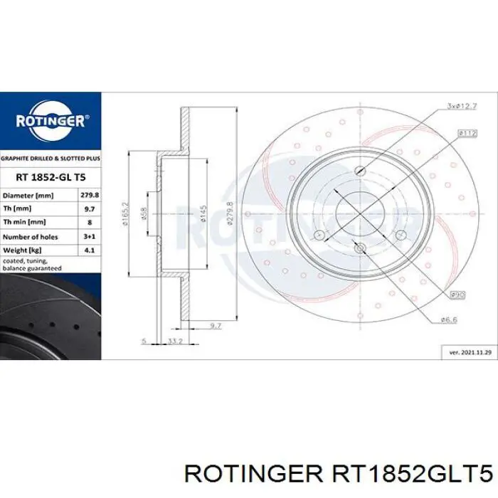 Диск гальмівний передній RT1852GLT5 Rotinger