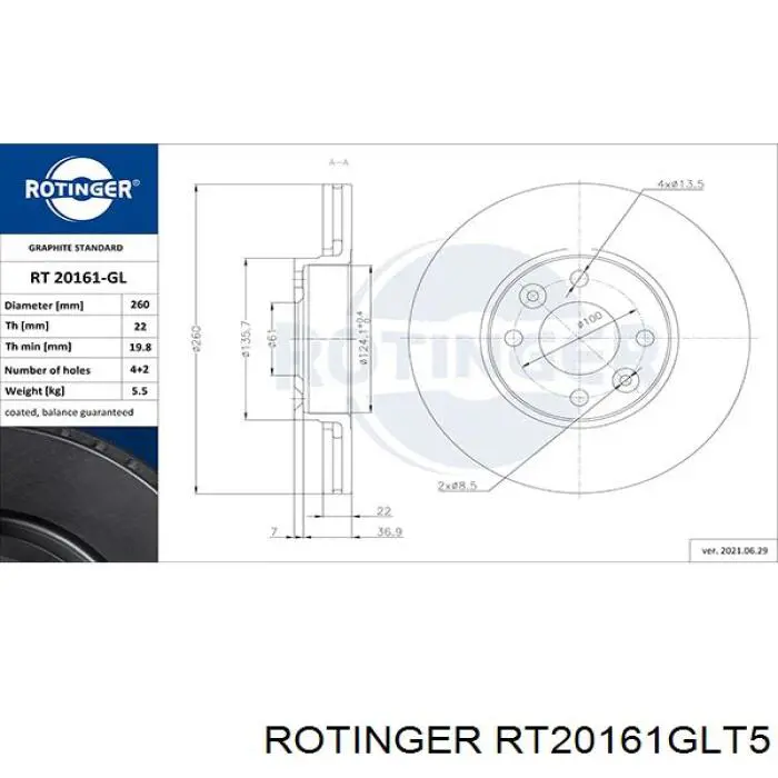 RT20161GLT5 Rotinger диск гальмівний передній