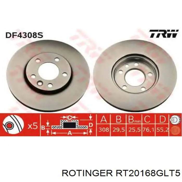 Диск переднього гальма Rotinger RT20168GLT5 ціна, від 64.83 USD