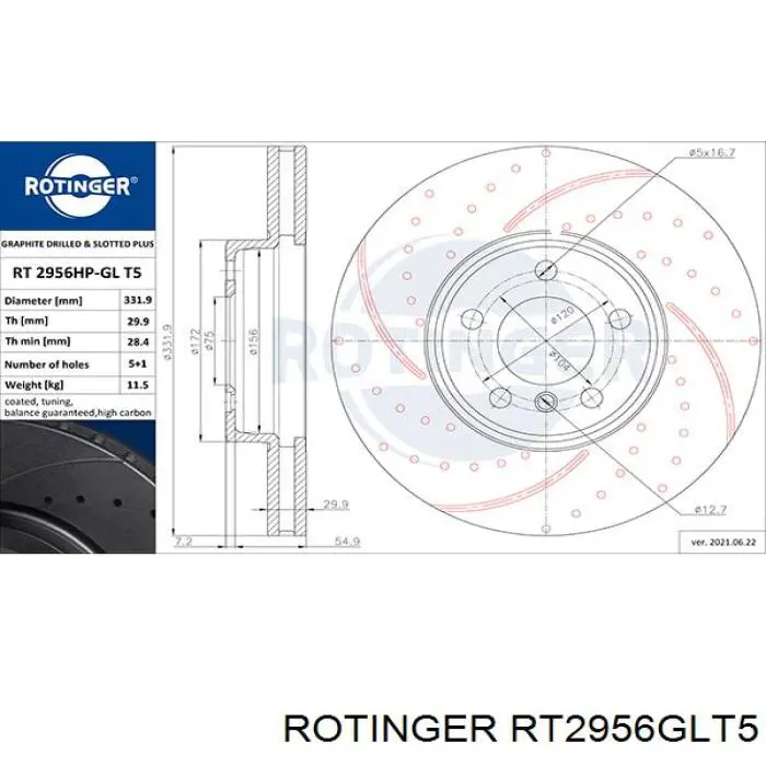 Диск переднього гальма Rotinger RT2956GLT5 ціна, від 71.52 USD