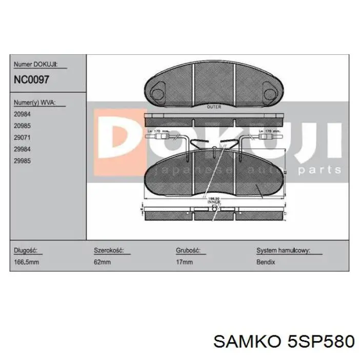 5SP580 Samko колодки гальмівні передні, дискові