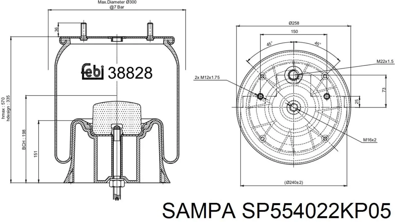 Пневмоподушка/Пневморессора моста SP554022KP05 Sampa Otomotiv‏