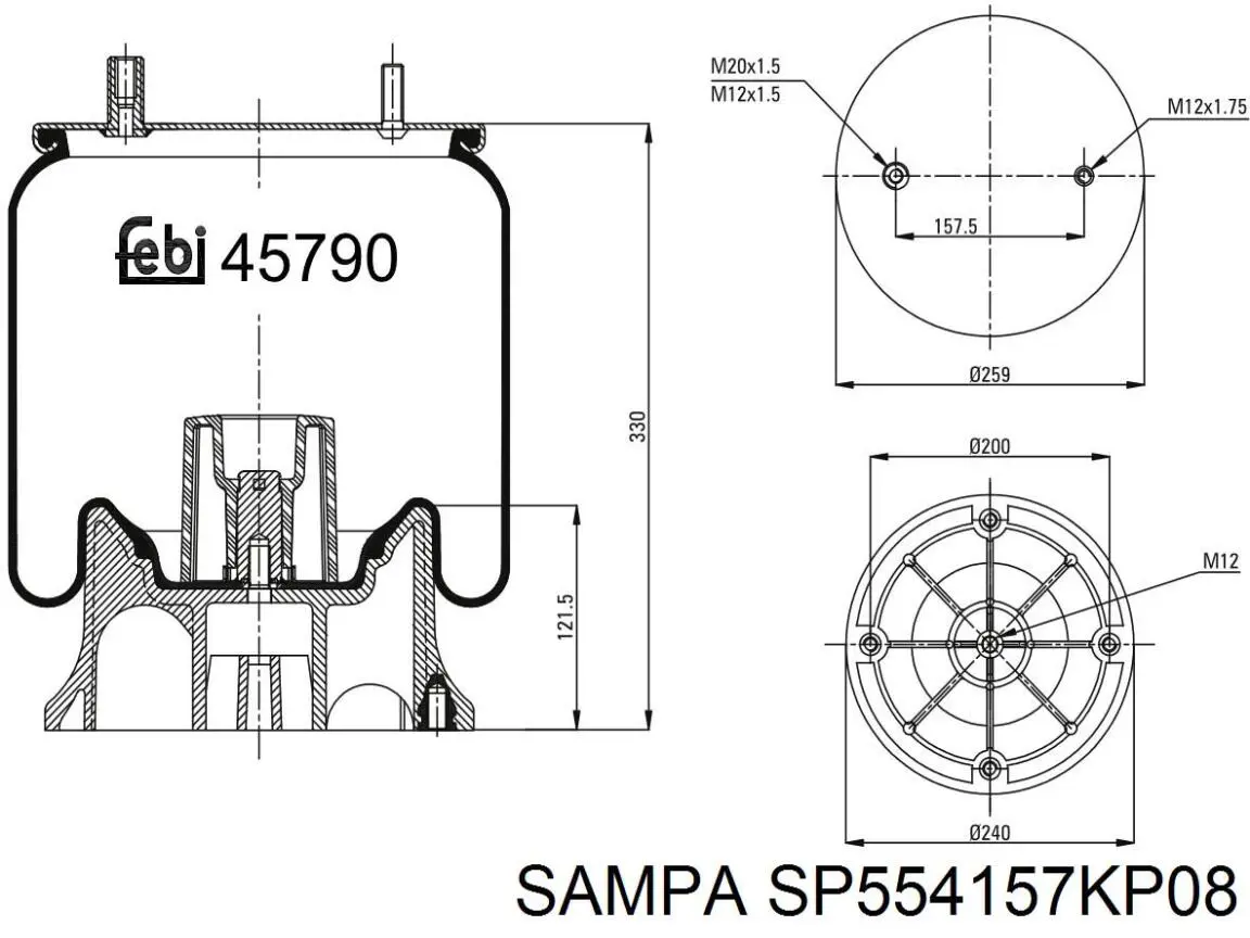 Пневмоподушка/Пневморессора моста Sampa Otomotiv‏ SP554157KP08 ціна, від 41.56 USD