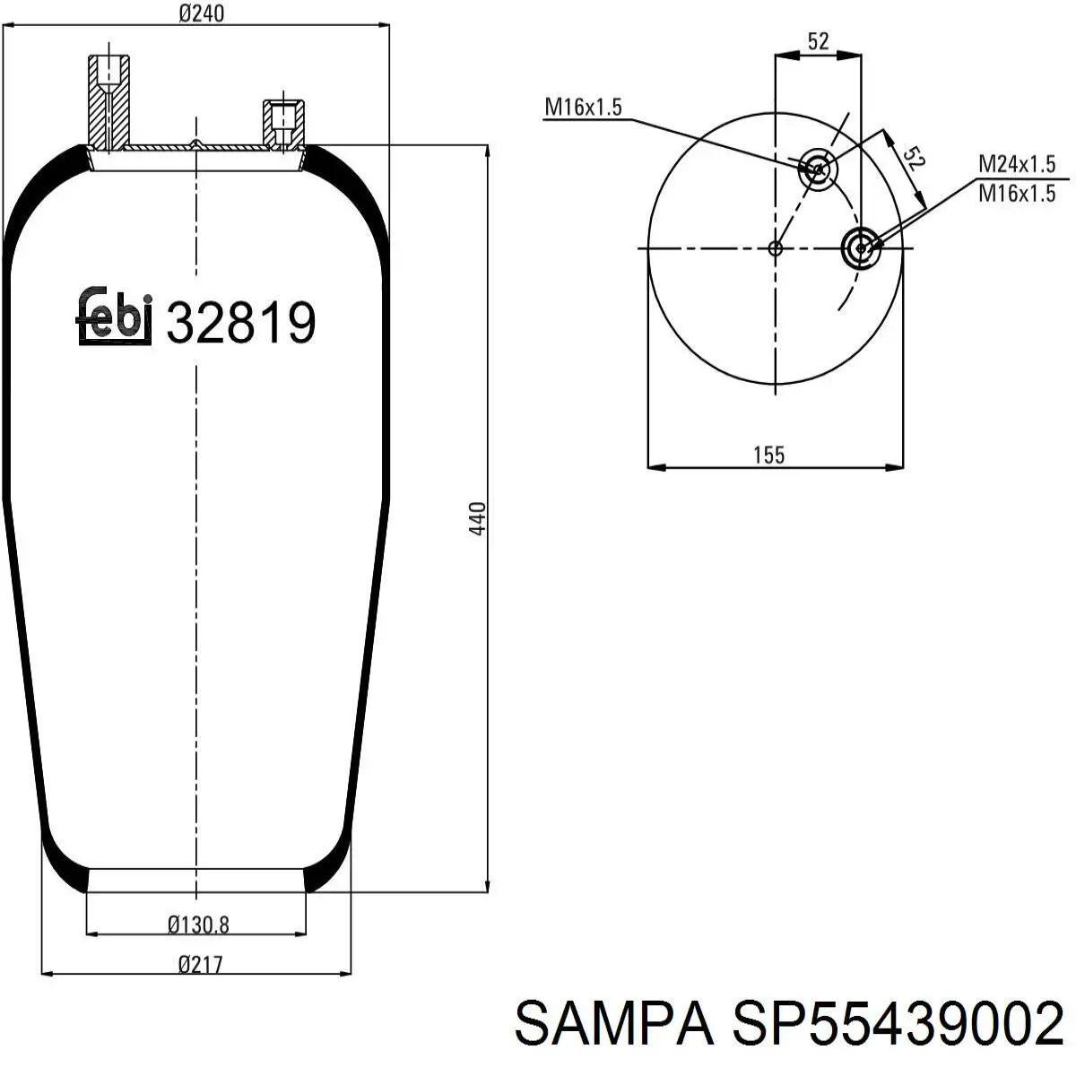 Пневмоподушка/Пневморессора моста Sampa Otomotiv‏ SP55439002 ціна, від 37.39 USD