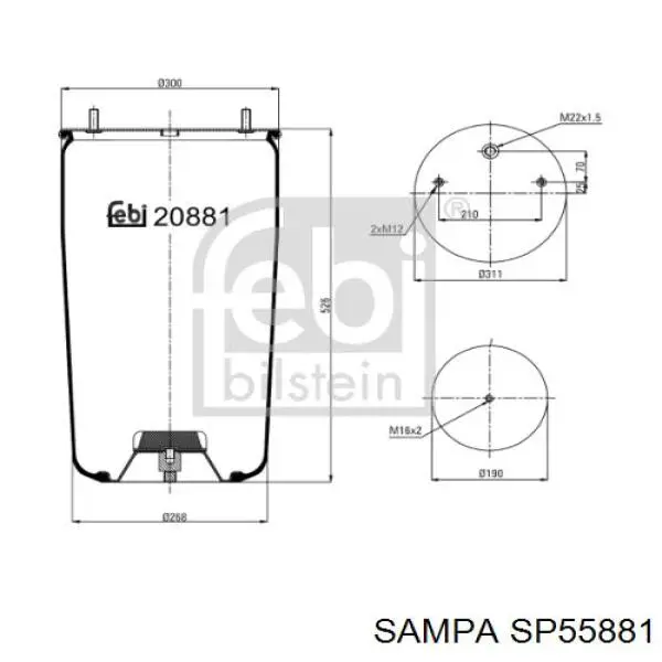 Пневмоподушка/Пневморессора моста Sampa Otomotiv‏ SP55881 ціна, від 63.11 USD
