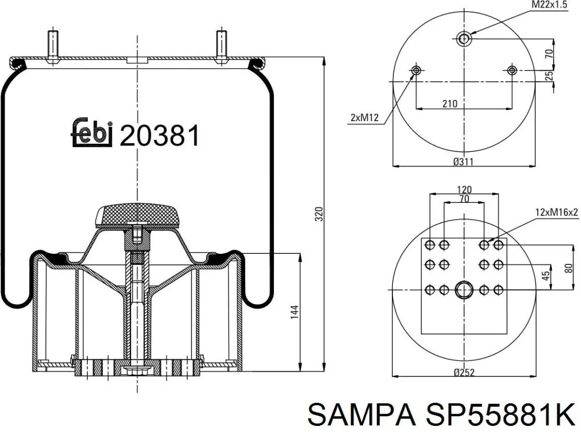 Пневмоподушка/Пневморессора моста Sampa Otomotiv‏ SP55881K ціна, від 64.69 USD