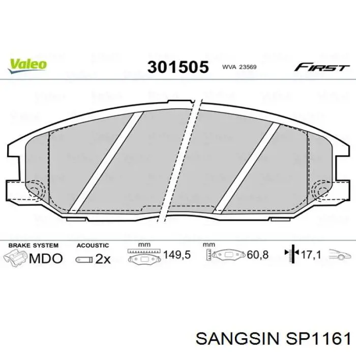 Купити SP1161 Sangsin Колодки гальмівні передні, дискові