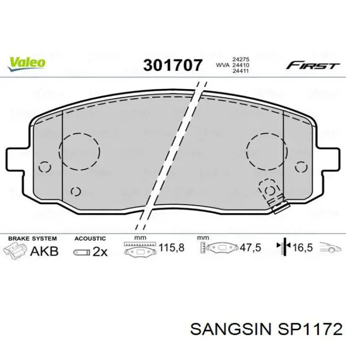 SP1172 Sangsin Передні гальмівні колодки