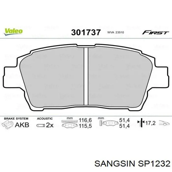 Купити SP1232 Sangsin Колодки гальмівні передні, дискові