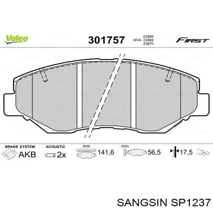 Купити SP1237 Sangsin Колодки гальмівні передні, дискові