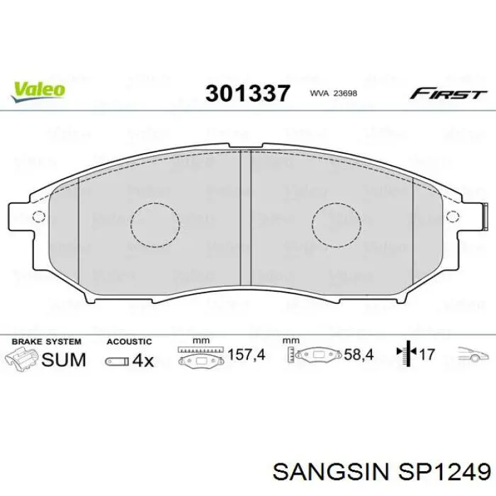 Купити SP1249 Sangsin Колодки гальмівні передні, дискові