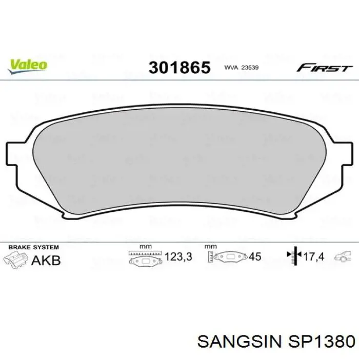 SP1380 Sangsin колодки гальмові задні, дискові