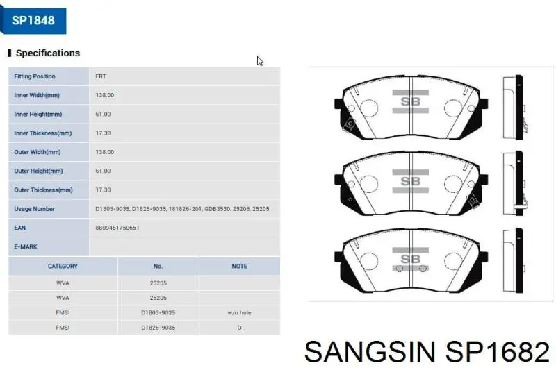 Купити SP1682 Sangsin Колодки гальмівні передні, дискові