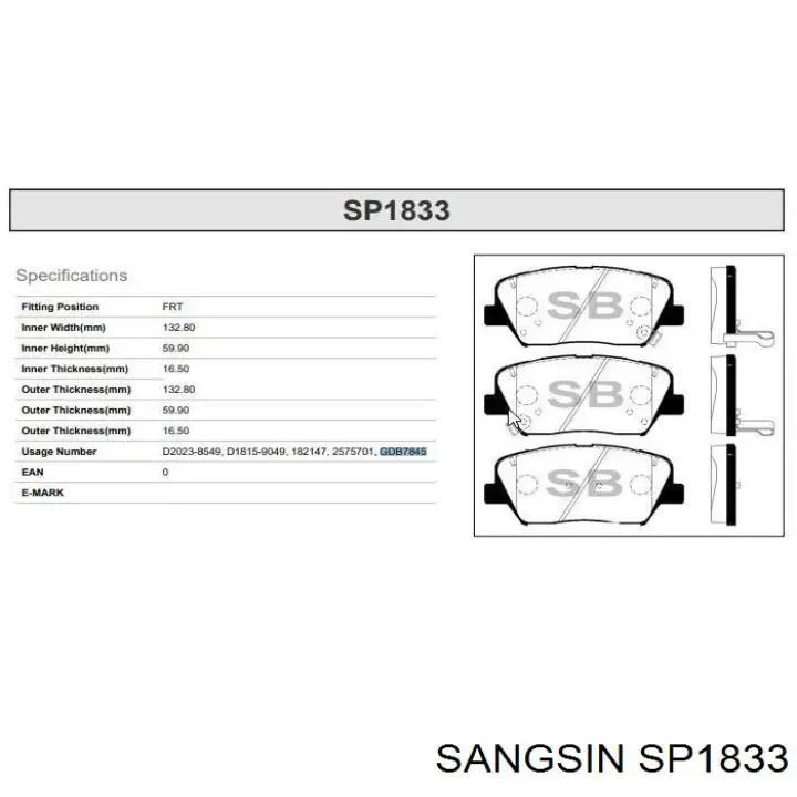 Передні тормозні колодки SP1833 Sangsin