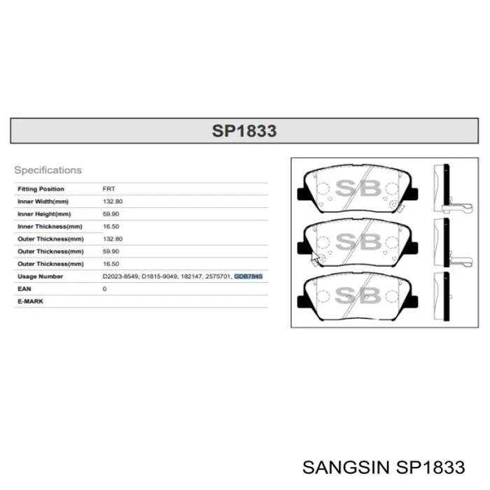 SP1833 Sangsin Передні гальмівні колодки