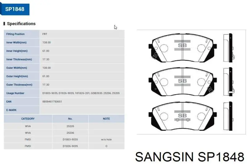 Колодки гальмівні передні, дискові SP1848 Sangsin