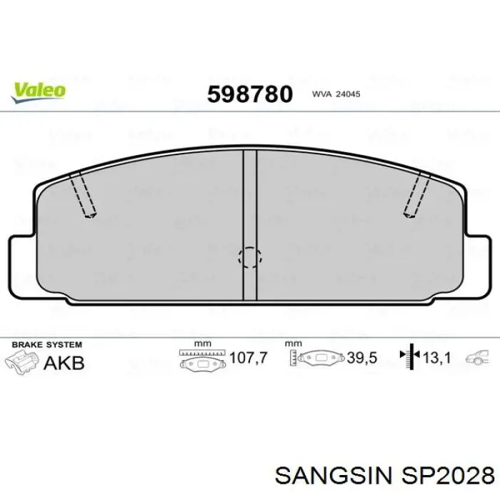 SP2028 Sangsin Колодки гальмівні задні, дискові