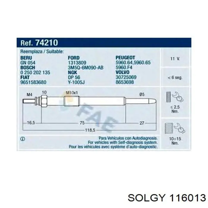 Свічка накалу 116013 Solgy
