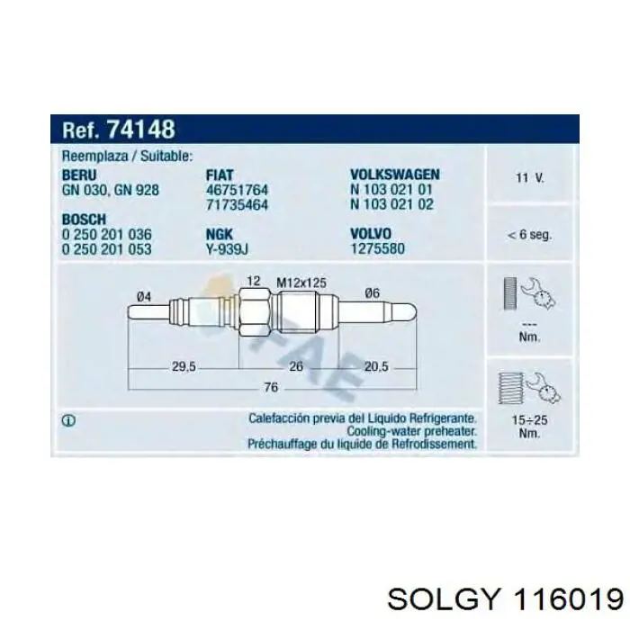 116019 Solgy Свічки розжарювання
