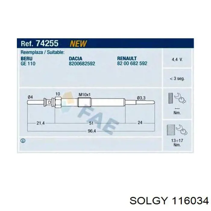 Свічка накалу 116034 Solgy