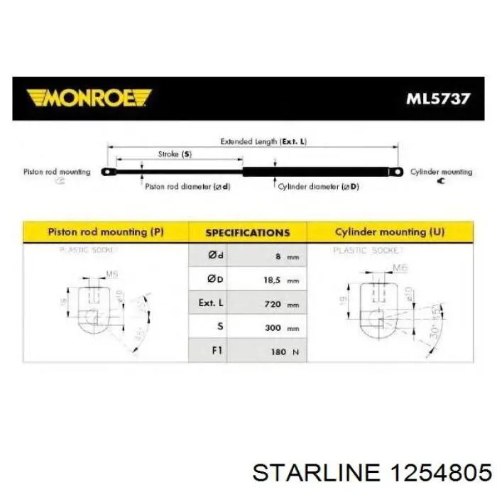 Амортизатор капота газовий Starline 1254805 ціна, від 8.46 USD