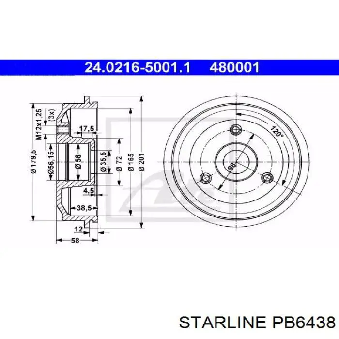 PB6438 Starline Барабан гальмівний задній