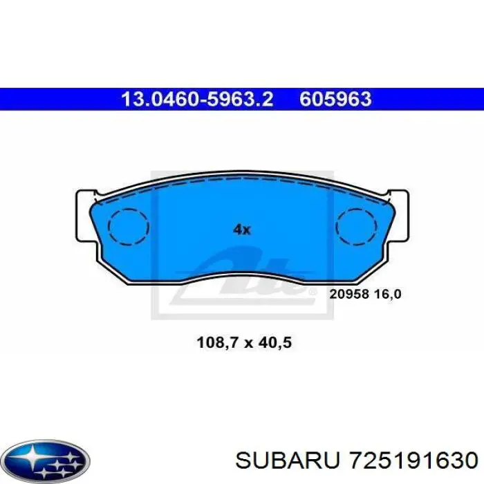 Колодки гальмівні передні, дискові 725191630 Subaru