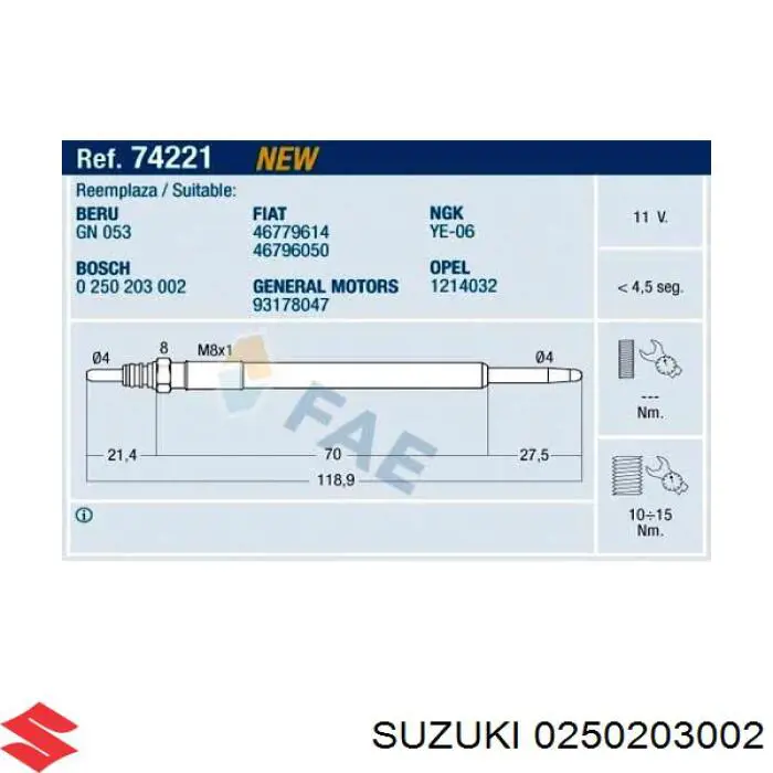 Купити 0250203002 Suzuki Свічка накалу