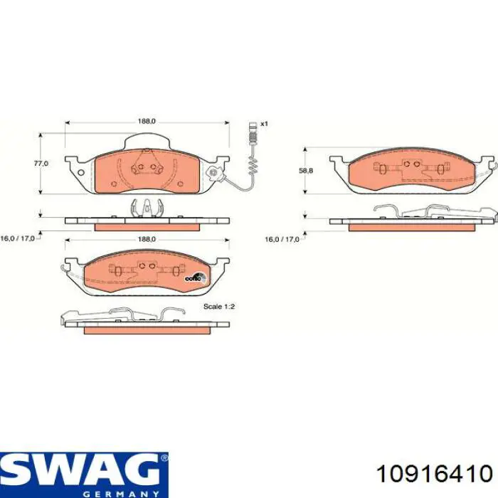 Передні тормозні колодки 10916410 Swag
