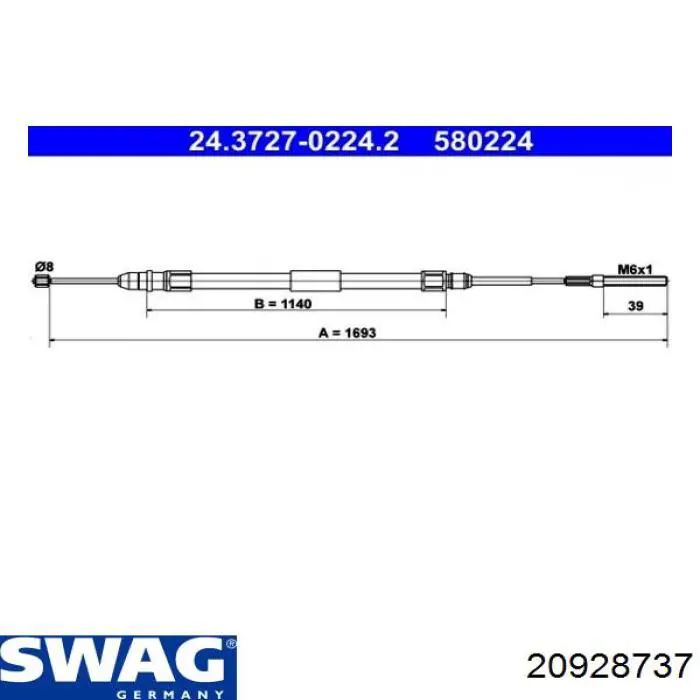 Трос стоянкового гальма задній правий Swag 20928737 ціна, від 11.78 USD