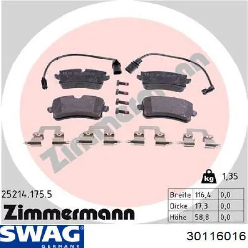 Задні гальмівні колодки Swag 30116016 ціна, від 36.71 USD
