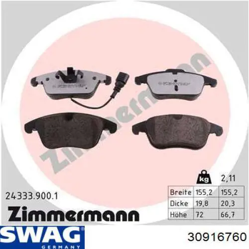 Передні тормозні колодки 30916760 Swag