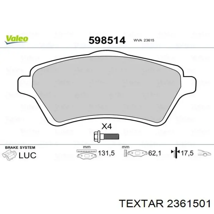 Гальмівні колодки Textar 2361501 ціна, від 33.54 USD