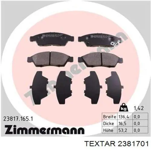 Гальмівні колодки Textar 2381701 ціна, від 20.45 USD