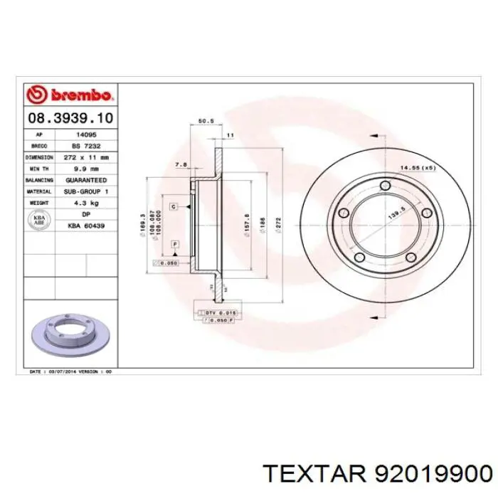 92019900 Textar диск гальмівний передній