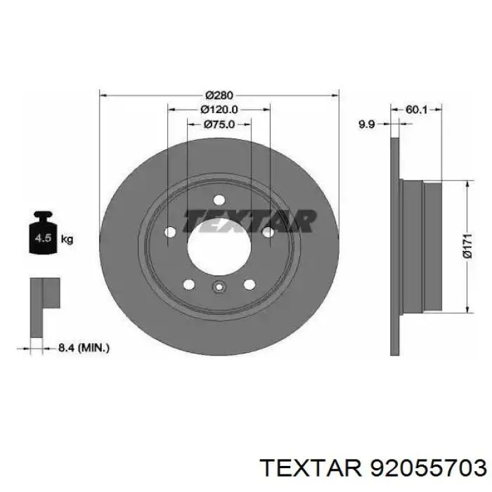 Купити 92055703 Textar Диск заднього гальма