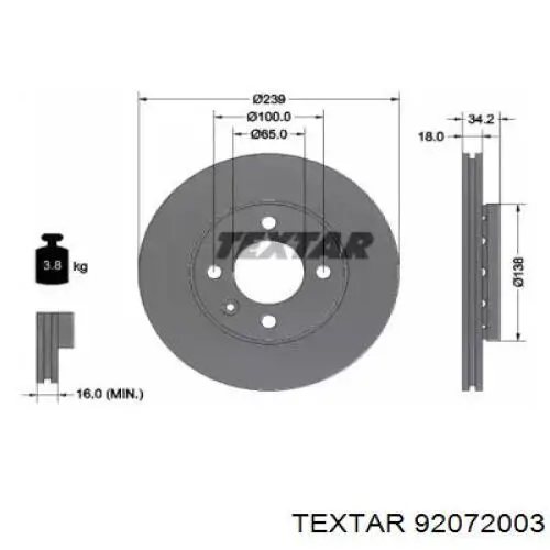 Диск гальмівний передній 92072003 Textar