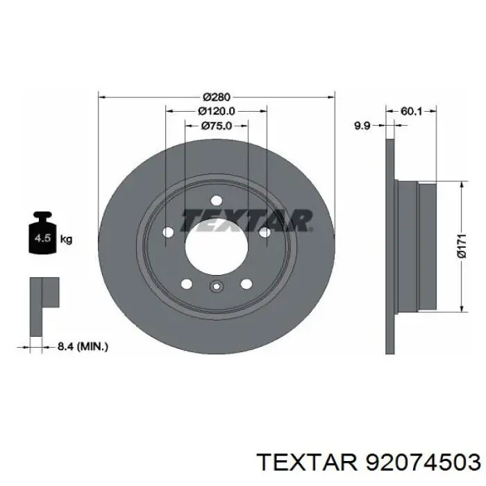 Купити 92074503 Textar Диск заднього гальма