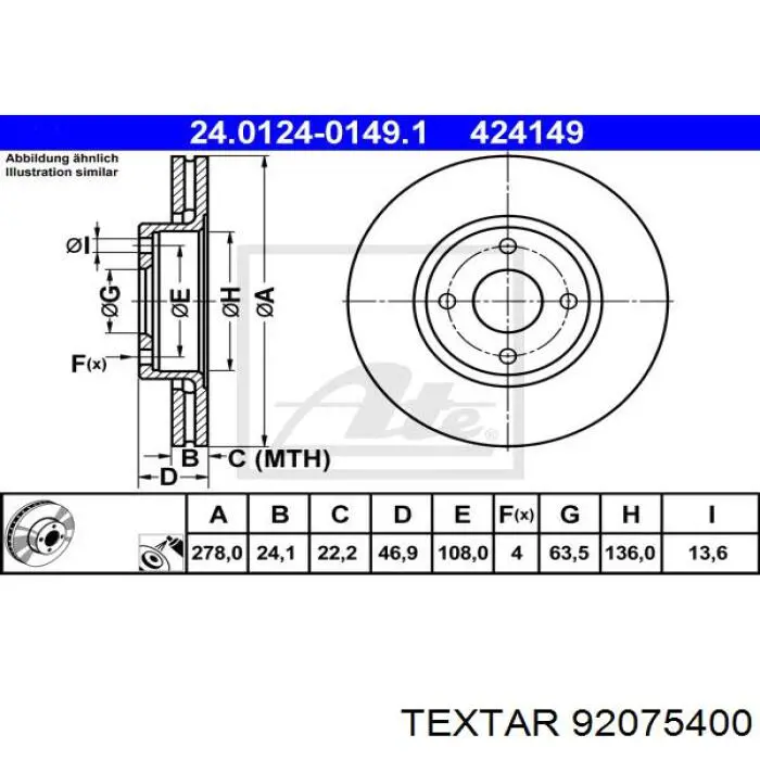 Диск переднього гальма Textar 92075400 ціна, від 34.92 USD