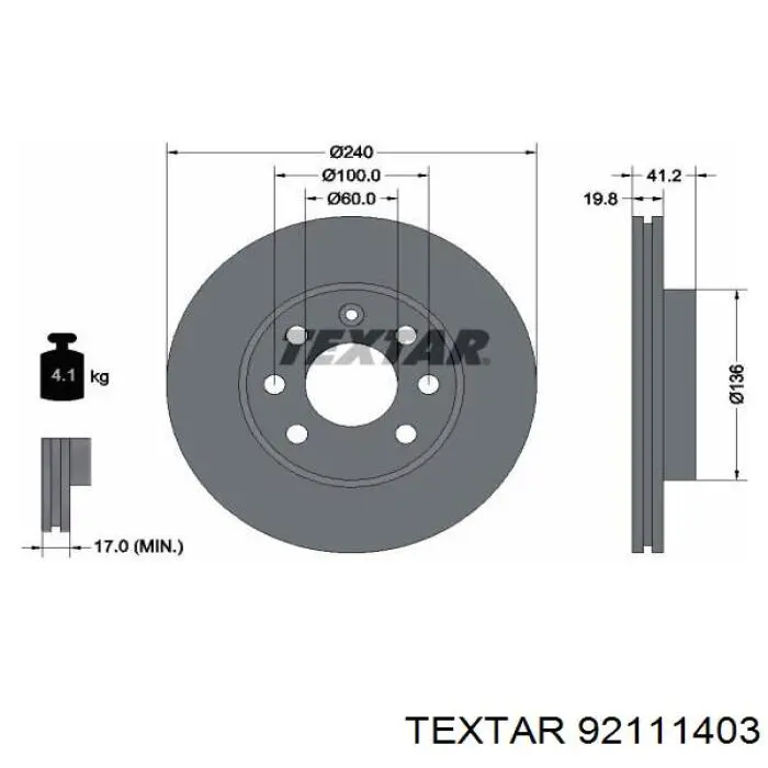 92111403 Textar диск гальмівний передній