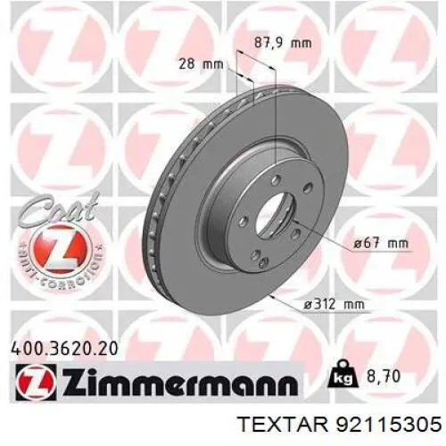 Диск переднього гальма Textar 92115305 ціна, від 58.68 USD