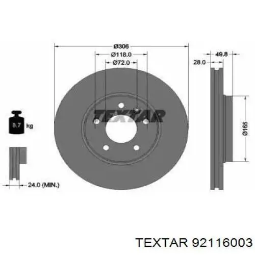 92116003 Textar Гальмо дискове переднє