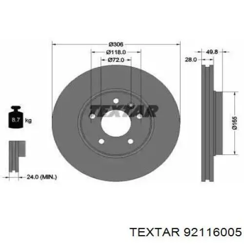 92116005 Textar диск гальмівний передній